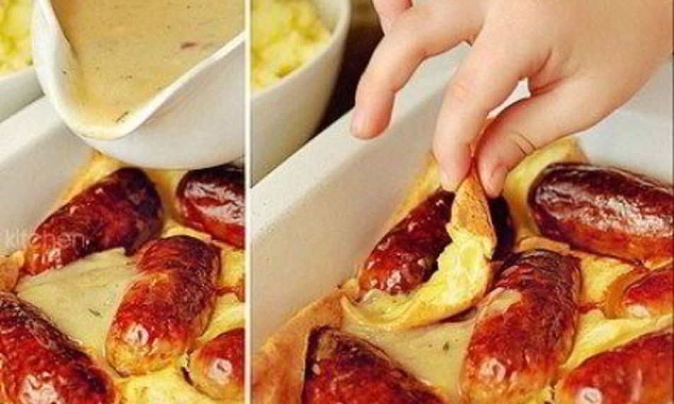 Рецепт йоркширский пудинг с колбасками в луковом соусе