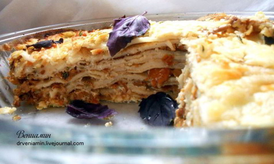 Рецепт блинная лазанья с лисичками и творожным кремом