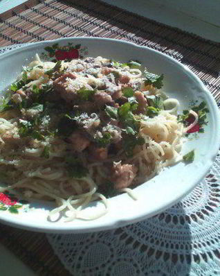 Спагетти со сливочно-грибным соусом и куриной грудкой