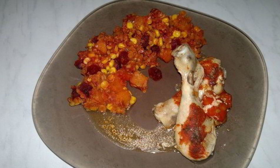 Рецепт куриные голени из духовки, чечевичное рагу с тыквой, кукурузой и свеклой