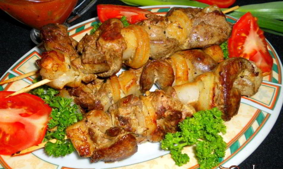 Рецепт шашлык из куриной печени на сковороде