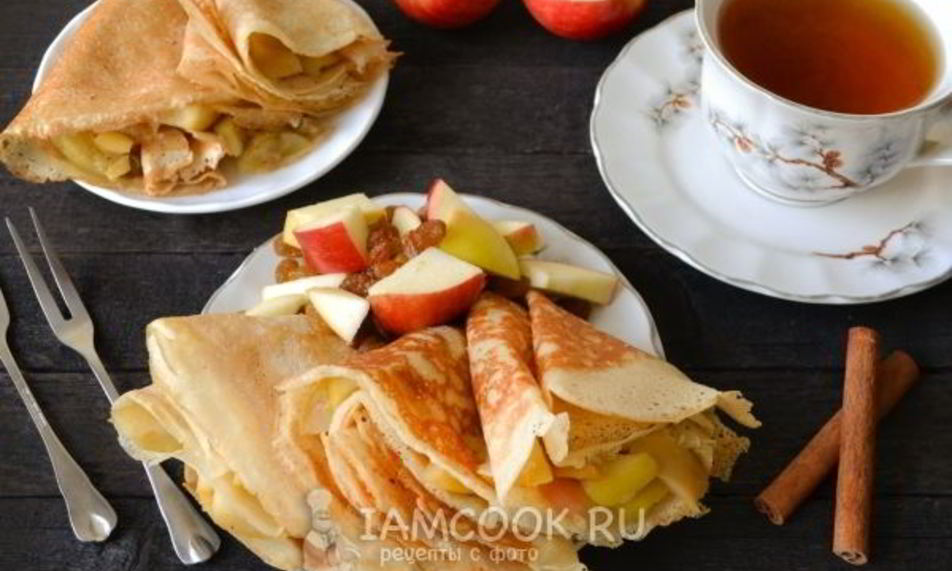 Рецепт постные блинчики с начинкой из яблок с изюмом