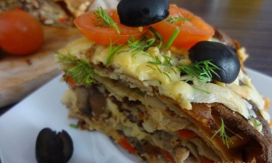 Рецепт блинчатый пирог с курицей и грибами