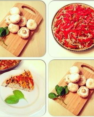 Открытый пирог с курицей, грибами и сладким перцем