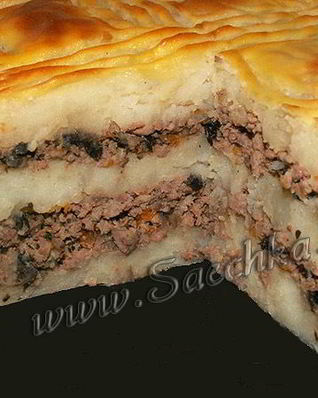 Картофельная запеканка с грибами и куриными сердечками