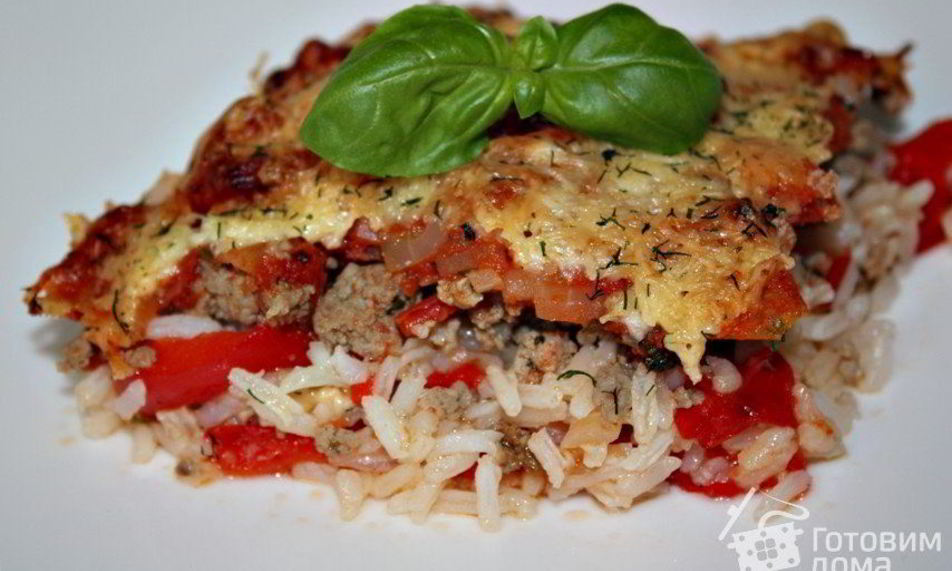 Рецепт запеканка из риса, фарша и перца под томатным соусом