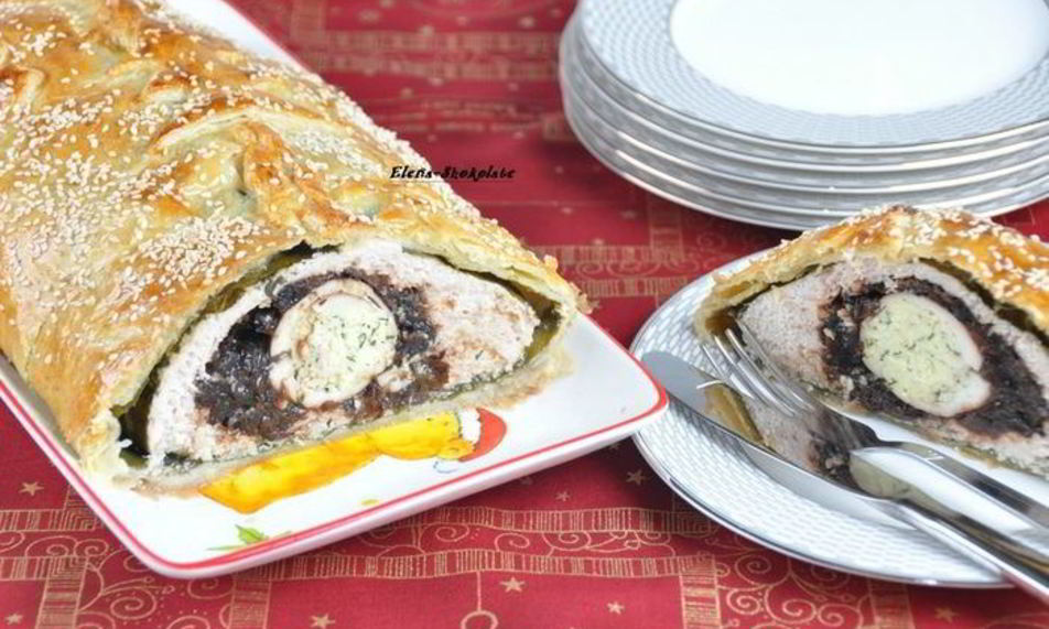 Рецепт куриный рулет с черносливом в слоеной шубке