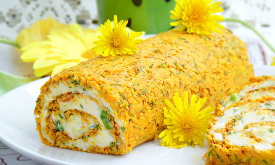 Рецепт морковный рулет с сырной начинкой