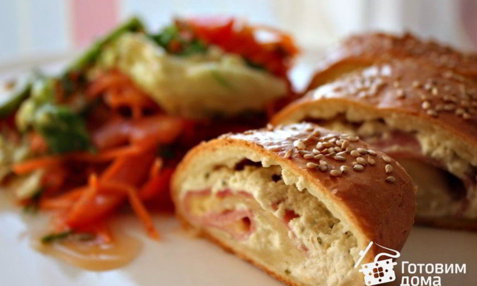 Рецепт рулет из творожного теста с ветчиной